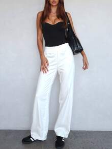 1 szt. Jednokolorowe, tkane, długie spodnie z kieszeniami, swobodne - Biały - Zobacz 4
