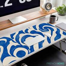 French KOKO Desk, Large Desk Pad Large Mouse Pad Cute Desk Accessories Home Office Essentials XL Desk Desk Pad Keyboard Mouse Desk Pads On Top Of Desks Computer Pink Floral Women Girls - Blue Waves - 查看 2