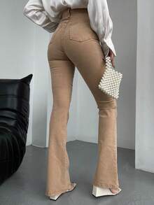 Stretch Fabric Slim Fit Pants - Olive Green Style - Beige - View 2