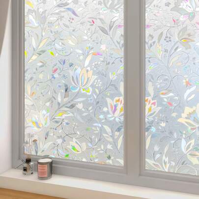 1 Roll Decorative Colored Glass Window Film, Heat Insulation Window Sticker, Static Cling Frosted Window Decal Suitable For Renters, Rainbow Tulip