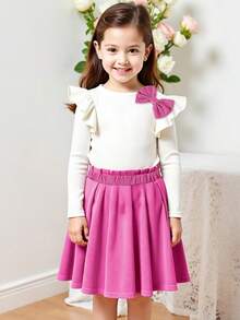 Blusa de manga larga con volantes y moño blanco + Falda plisada de pana fucsia para niñas, apta para primavera/otoño, uso diario, fiesta, escuela - Rosa Fucsia - Ver 5