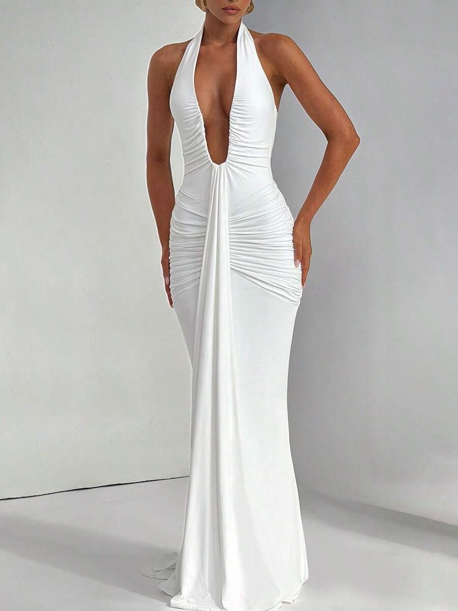 Women's Sexy Backless Spaghetti Strap Maxi Dress, Sleeveless Deep V-Neck Knit Party Evening Gown White Elegant Summer