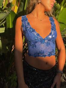 Women Vintage Sheer Camisole Floral Sequin Lace Tops Y2K Summer Deep V-Neck Tank Tops Cute Slim Crop Tops Going Out Cami Tops Fashion Party Club Streetwear - Màu xanh lam - Xem 1