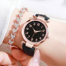 2 件女士石英表，休闲时尚 PU 皮革腕表和手链，情侣礼物 - 黑色 - 查看 2