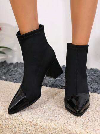 1 Pair Women's Fashion Elastic Fabric Pointed Toe Ankle Boots, Solid Color Sexy Chunky Heel Toe Cap Design Casual Outdoor Boots