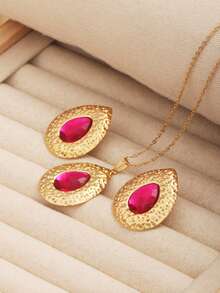 3pcs Teardrop Fuchsia Stainless Steel Minimalist Luxurious High-End Earrings & Necklace Jewelry Set, Suitable For Daily, Party, Holiday Gifts