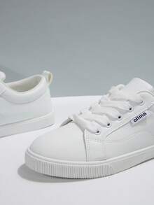 大码女式白色运动鞋，时尚休闲系带平底鞋，百搭，适合上学、运动 - 白色 - 查看 6