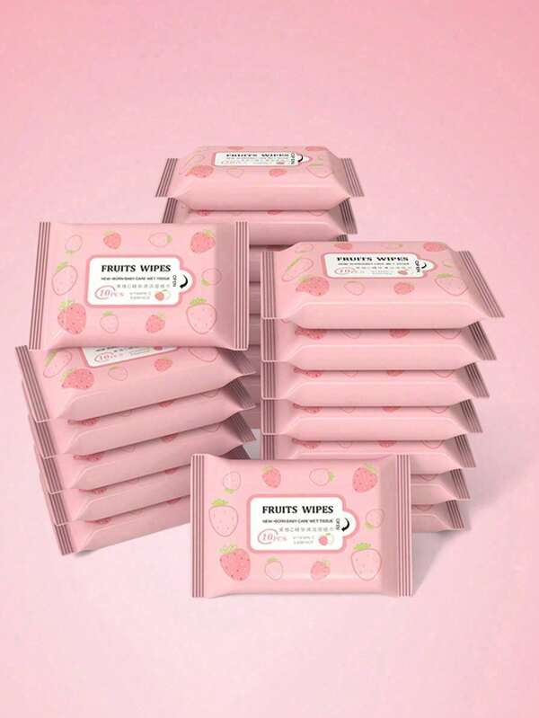 10/50/100pcs Strawberry Pattern Mini Portable Non-Woven Wet Wipes, Disposable Portable Wet Wipes, For Cleaning, Kitchen Cleaning, Stain Cleaning, Commonly Used For Daily Item Cleaning Essential For Travel And Business Trips, Easy To Carry ,For Halloween And Christmas, Gifts, Daily, Party,Birthday(Note: Strawberries May Be In Different Positions, But It Does Not Affect Their Use)