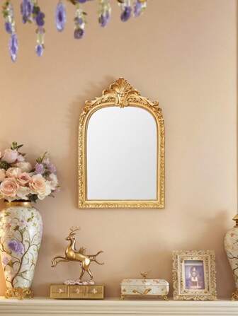 1 stuk hars gouden boog bloemendecoratie wandspiegel, Europese stijl wanddecoratie thuis kunst hangende accessoire, geschikt voor wanddecoratie, kaptafel en fotografie rekwisieten