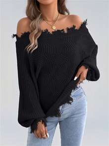 Women's Off-Shoulder Off-Shoulder Slouchy Casual Solid Color Long Sleeve Pullover Sweater Top, Autumn/Winter - Black - View 3
