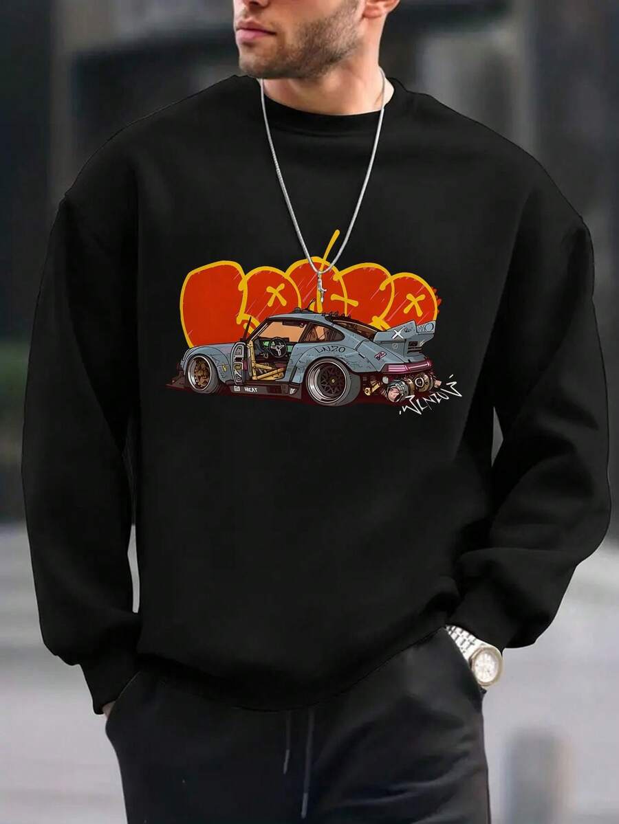 男式赛车印花圆领落肩长袖休闲宽松运动衫