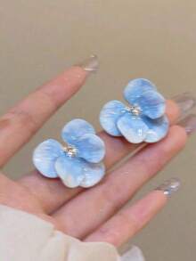 一對手繪油畫花卉耳釘，配有彩色鑽石，甜美風格和誇張的耳環，高級女性禮品珠寶 - 油畫花朵耳環 - 查看 3