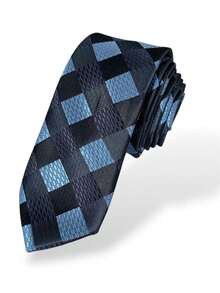 top ties Gravata Xadrez Slim Luxo Premium Masculina Estampada Cores - Azul Empoeirado - Visão 2