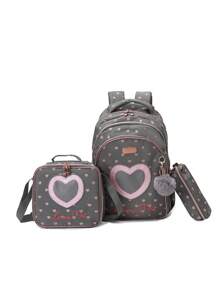 17-Inch Kids Backpack Set With Lunch Bag And Pencil Case, Lightweight School Bag Suitable For Teenagers, Girls And Boys, Heart-Shaped Glitter Large Capacity 3-In-1 Backpack, Insulated Lunch Bag, Pencil Case, Padded Shoulder Straps To Reduce Shoulder Pressure, Casual Backpack For Daily Use Or Travel