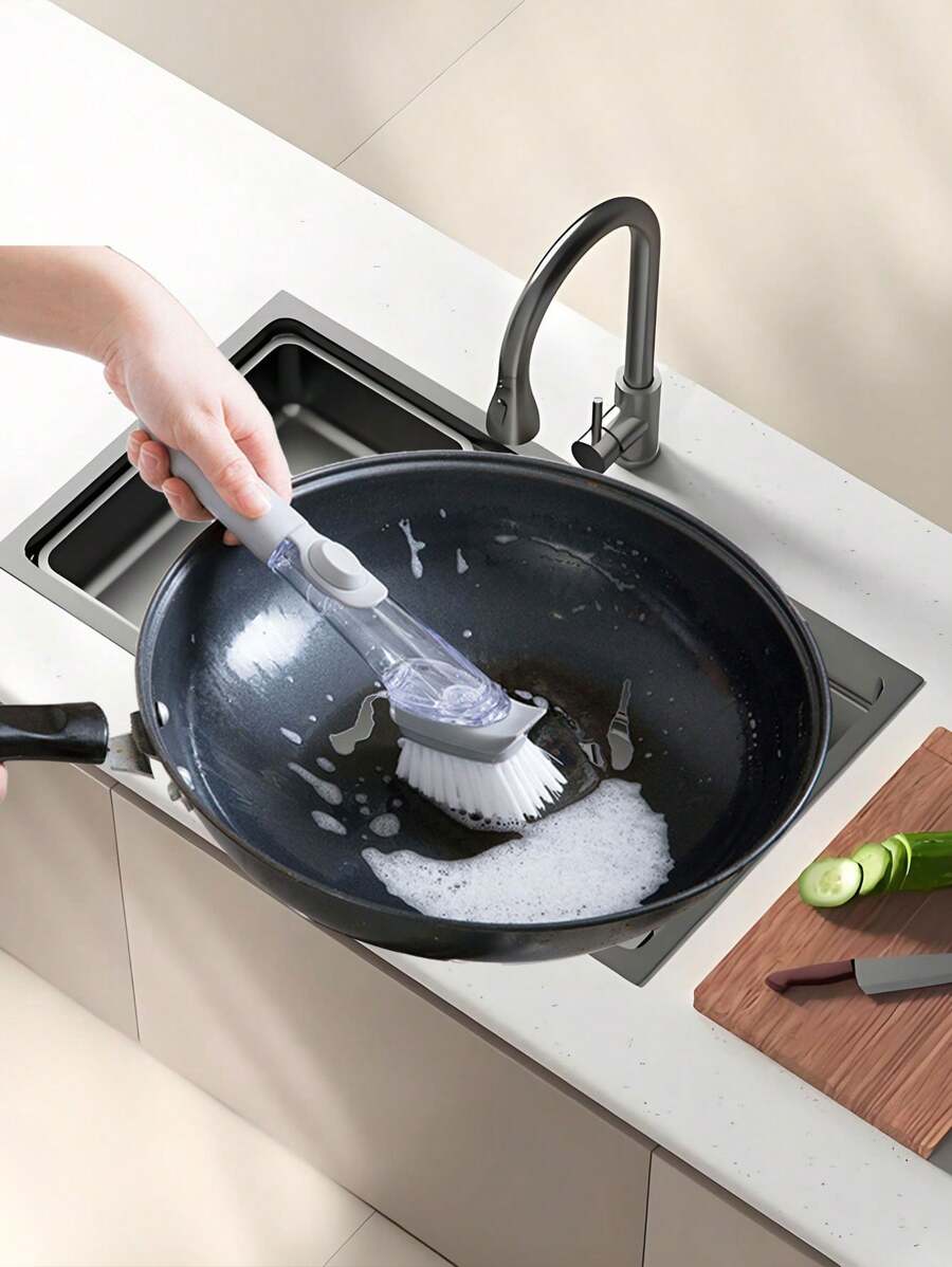 1pc Viral Liquid Refillable Long Handle Sponge Cleaning Brush, Multi-Functional Slouchy Dishwashing Brush With Replaceable Head, Can Add Detergent, Suitable For Kitchen, Restaurant