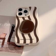 GUCADI 1pc Cheese White Striped + Red Brown Round Stand Retro Creative High-End Anti-Drop Soft Case Compatible With Apple 16/15/14/13/12/11 Series Waterproof Shockproof Scratch Resistant - White - View 11