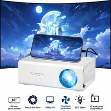 LIPETY 1080P Full HD Wireless Mirroring Projector, Portable Professional Projector, Automatic Keystone Correction + USB/SD/AV/HD Full Interface, Suitable For Home Theater And Outdoor Camping Movies, With Remote Control, Compatible With Smartphones/Tablets/Laptops, Built-In Speakers - White - View 2