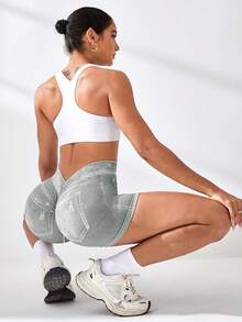 Women's V Back Workout Shorts, Denim Print High Waisted Shorts Stretchy Scrunch Slim Fit Yoga Biker Jegging Butt Lifting Sports Fitness Yoga Pants - 淺灰色 - 查看 5