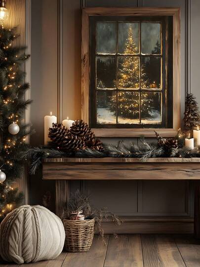 1pc Nostalgic Christmas Tree Print, Moody Winter Decor, Xmas Holiday Oil Painting, Vintage Rustic Santa Claus Print Moody Christmas Wall Art Vintage Decor Santa Reading Holiday Decor Dark Wall Art, Christmas Wall Art, Bedroom Decor Home Decor Christmas Decorations