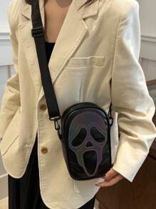 万圣节鬼脸印花女士手机钱包激光女士单肩包斜挎包女士包骷髅脸购物袋适合购物和拍照，万圣节礼物迷你方包，万圣节钱包，非常适合化装派对万圣节时尚和哥特式时尚，最适合女性的万圣节礼物 - 彩色 - 查看 10