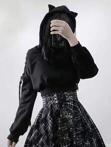 Womens Cat Ear Cropped Hoodie Long Sleeve Tie Up Bandage Cold Shoulder Hooded Sweatshirt Pullover Tops Cute Cat Crop T Shirts Tops Teen Girl Vintage Gothic Punk Emo Clothes Halloween Streetwear - 黑色 - 查看 3