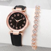 2 件女士石英表，休闲时尚 PU 皮革腕表和手链，情侣礼物 - 黑色 - 查看 3
