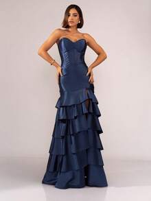Luxurious Tiered Detail Bridesmaid/Prom Wedding Dress - Navy Blue - View 1