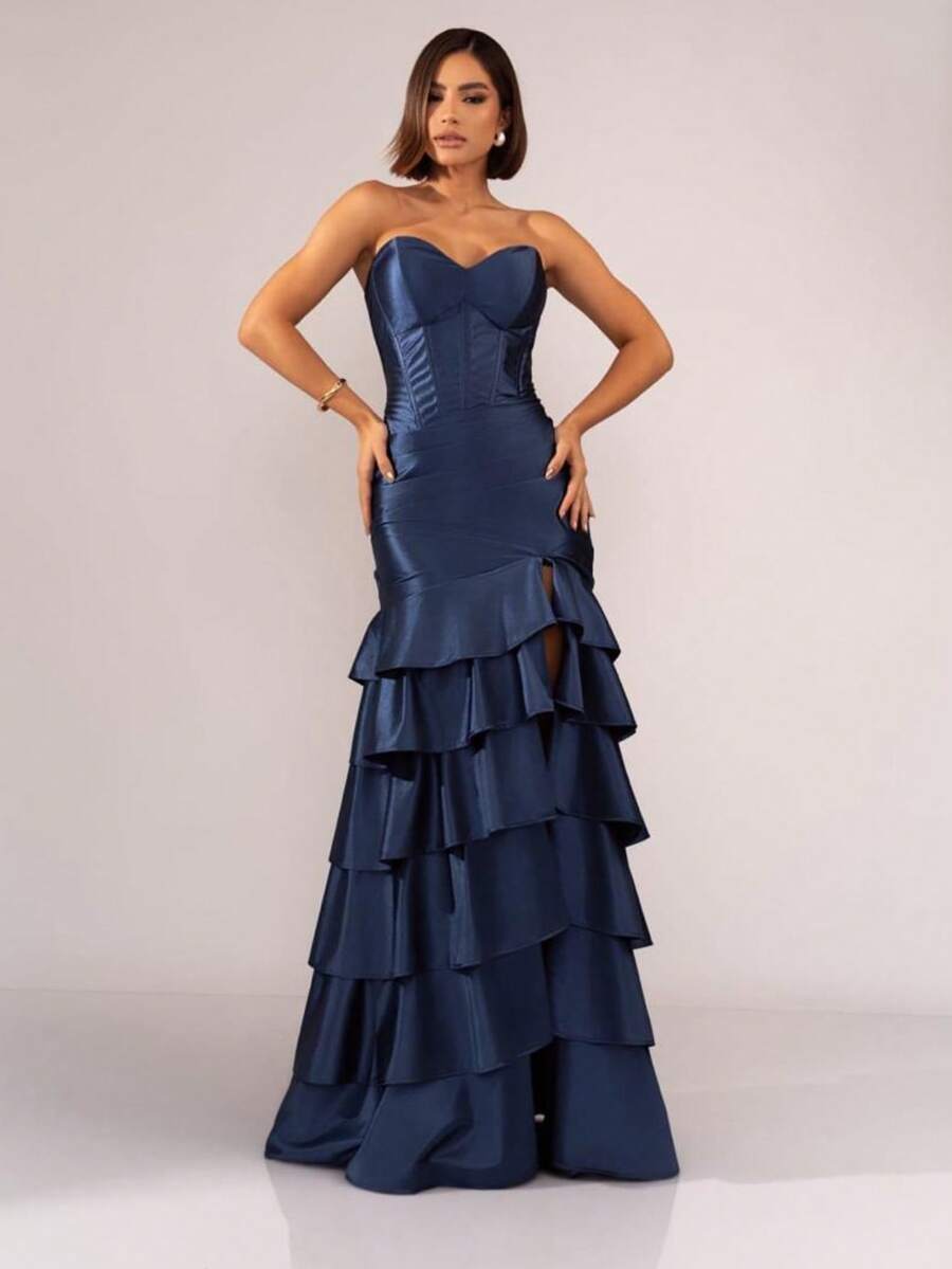 Luxurious Tiered Detail Bridesmaid/Prom Wedding Dress - Navy Blue - View 1