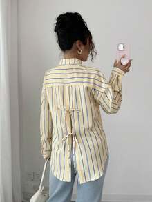 条纹纽扣女士休闲宽松长袖衬衫，款式优雅，适合节日、日常穿着和早午餐 - 黃色 - 查看 5
