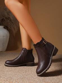 女士秋冬皮革前拉链时尚皮带扣粗跟圆头靴，透气面料衬里，适合日常、派对、旅行，英伦风格靴子，女靴
