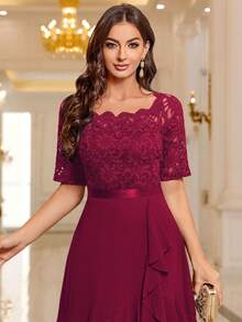 MIUSOL Boat Neck Floral Lace Paneled Ruffle Hem Cocktail Party Swing Dress