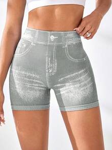Women's V Back Workout Shorts, Denim Print High Waisted Shorts Stretchy Scrunch Slim Fit Yoga Biker Jegging Butt Lifting Sports Fitness Yoga Pants - 淺灰色 - 查看 3