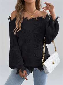 Women's Off-Shoulder Off-Shoulder Slouchy Casual Solid Color Long Sleeve Pullover Sweater Top, Autumn/Winter - Black - View 4
