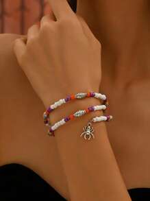 1pc Halloween Spider Beaded Bracelet, Multi-Layer Wrapped Bracelet Fashion Accessory For Halloween Party