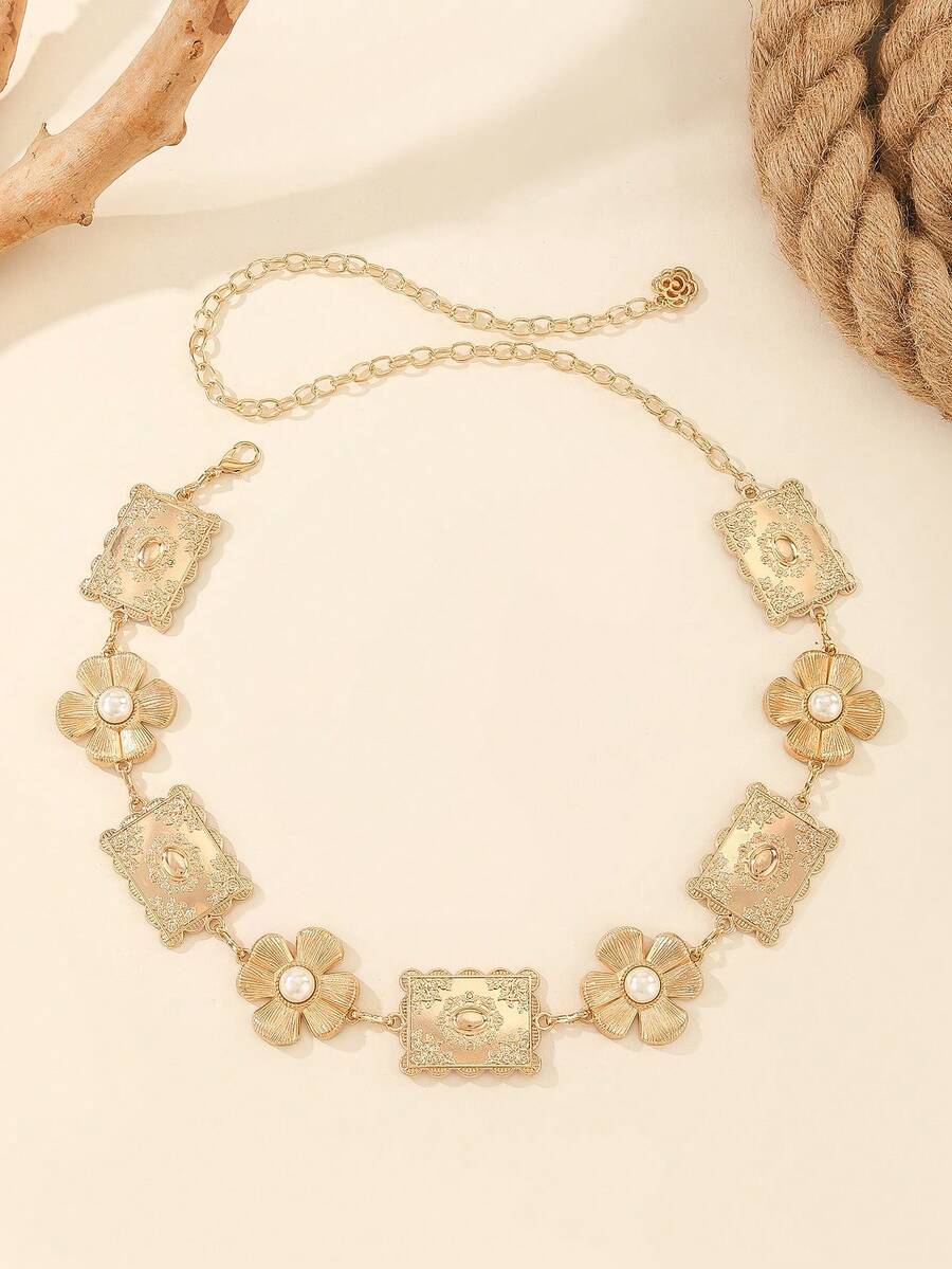 1 pièce Ceinture en alliage de métal doré pour femme - Pièce vintage élégante et de luxe, avec plaque gravée à texture de dentelle et détails de fleurs de perles, boucle en forme de rose, taille ajustable, convient pour le port quotidien et les fêtes de Noël, peut être associée à des robes élégantes, un accessoire de taille charmant pour les occasions formelles.