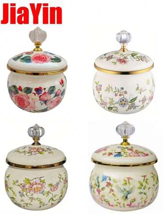 1 st Multi-Color Multi-Size Fashionabla förtjockade emalj tebehållare, emalj sockerburk, Halloween-present, färgglada blommönster emaljbehållare med lock, heminredning, små föremål förvaring dekorativ skål, kaffebönor, te förvaring