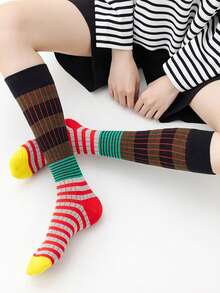 1 Paar/2 Paar Damen Farbblock gestreifte Kniestrümpfe, Retro-Ästhetik Socken, Mode Schlankheits-Socken für Frühling & Herbst, Y2K, gemütlich - Verschiedenfarbig - Übersicht 4