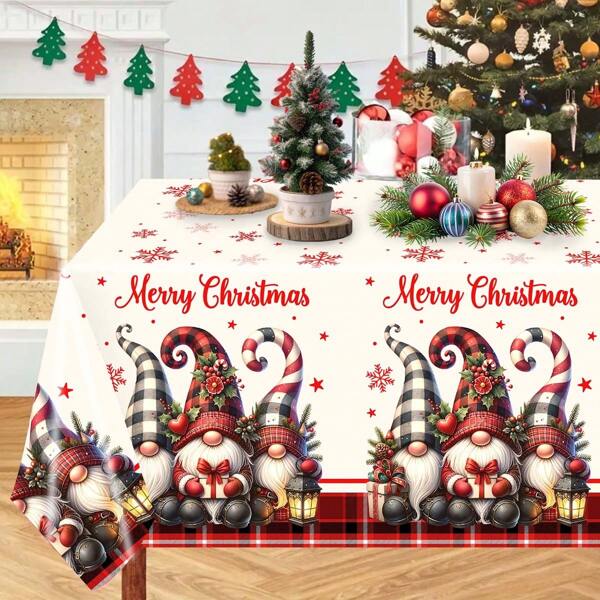 Toalha de mesa com tema natalino de 137 x 220 cm, estilo vintage com 3 padrões de gnomos natalinos, toalha de mesa de plástico, decoração de casa com tema de Natal, decoração de mesa de jantar de Natal, presente de Ano Novo, decoração de Natal, decoração de mesa para reunião familiar em festas de Natal