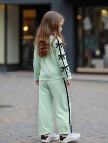 Set de 2 piezas: Sudadera con decoración de lazo y pantalón casual de pierna recta para niñas, adecuado para primavera y otoño - Verde - Ver 2