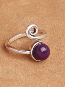 1pc Alloy Silver-Plated Adjustable Ring With Embedded Agate, Unisex Gemstone Ring - Green - View 9