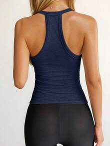 Women's Y2K Sexy Fitted Solid Color Sleeveless Round Neck Casual Sports Yoga Top - Navy Blue - View 2