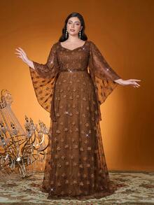 Thiết kế có túi, Hàng mới về, Cổ chữ V, Thanh lịch & Duyên dáng, Đầm dạ hội cỡ lớn, Thêu tinh tế, Thắt lưng, Tay áo bồng bềnh, Đầm dài dự tiệc - Cà phê nâu - Xem 1