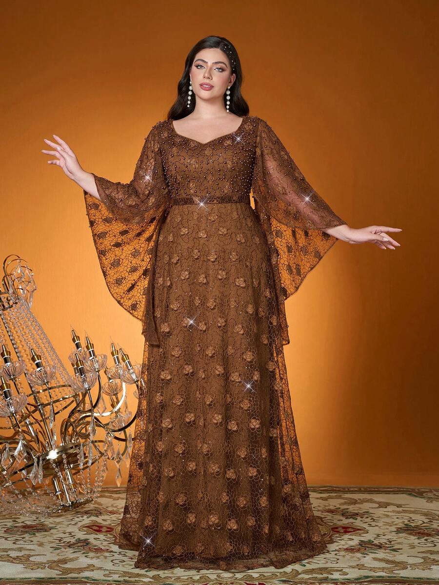 Thiết kế có túi, Hàng mới về, Cổ chữ V, Thanh lịch & Duyên dáng, Đầm dạ hội cỡ lớn, Thêu tinh tế, Thắt lưng, Tay áo bồng bềnh, Đầm dài dự tiệc - Cà phê nâu - Xem 1