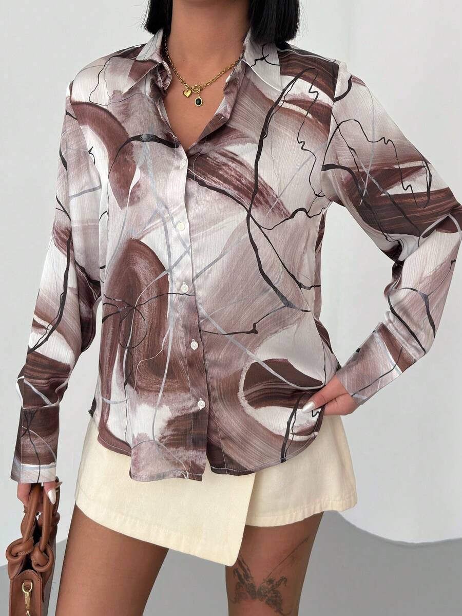 Women's Casual All-Over Print Front Button Long Sleeve Loose Shirt, Summer - Brown - View 1