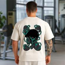 Camiseta Oversized Masculina 100% Algodão Para Academia Caveira Skate Correntes Underground Hardcore - Creme - Visão 2
