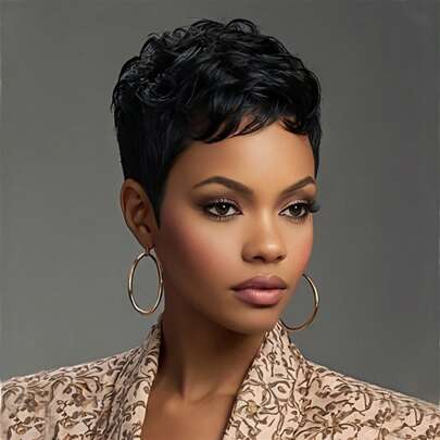 [Stylish Pixie Cut Wig] Natural Black Short Body Wave Pixie Cut Wig For Women High-Temperature Synthetic Fiber Comfortable Rose Net Cap Versatile & Stylish Layered Design