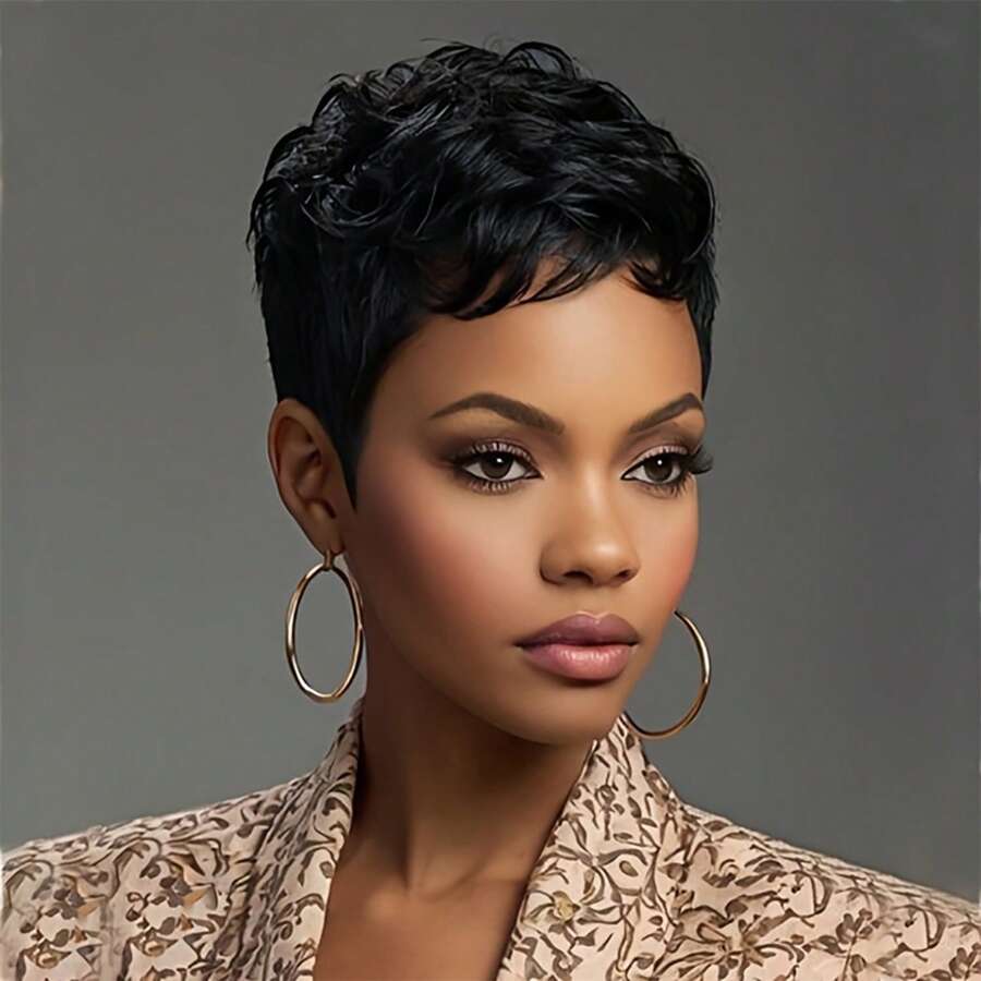 [Stylish Pixie Cut Wig] Natural Black Short Body Wave Pixie Cut Wig For Women High-Temperature Synthetic Fiber Comfortable Rose Net Cap Versatile & Stylish Layered Design - Black - View 1