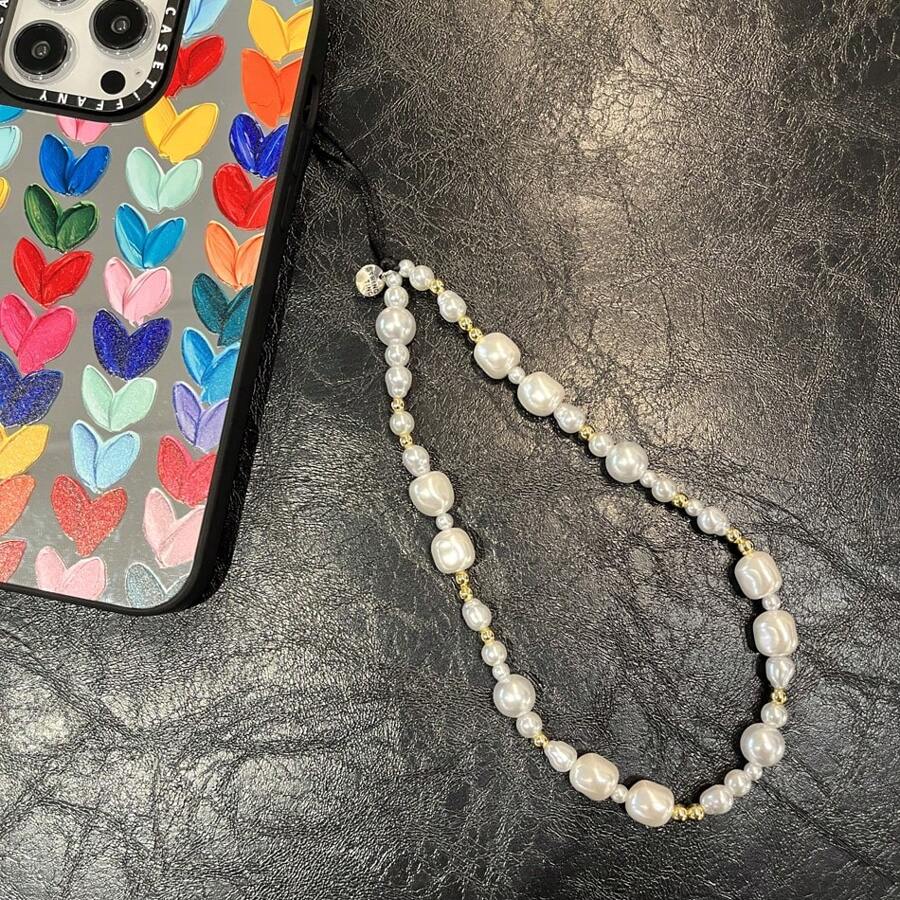 Cadena para teléfono móvil con corazón de perla y lazo en estilo geométrico, correa para cámara y teléfono de estilo coreano rosa y linda