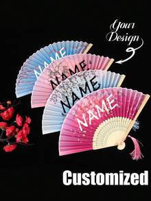 Custom Pink Floral Pattern Decorative Folding Chinese Fan, Customizable Name Chinese Folding Fan With Tassel, Suitable For Party, Dance - Multicolor - View 2