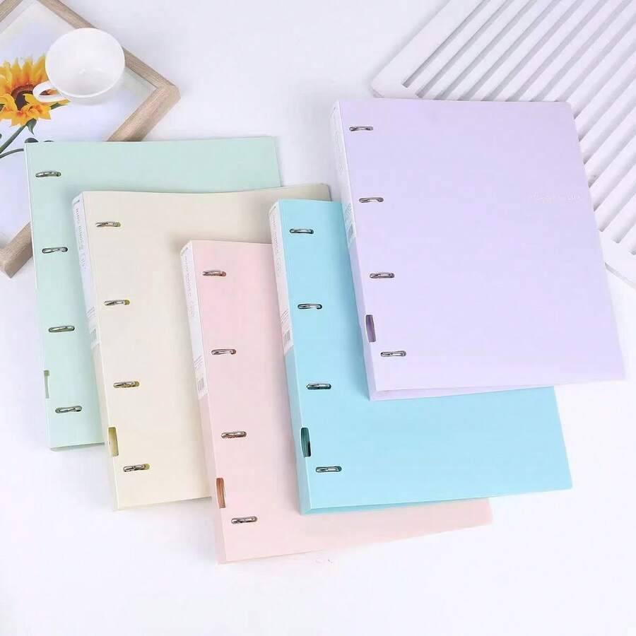 1pc Multicolor Muted Tones A4 D-Ring 4-Ring Binder File Folder, 11-Hole Suitable For Loose Leaf Binder - Multicolor - View 1